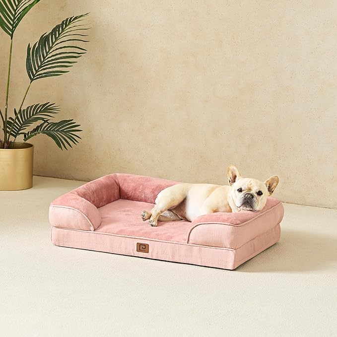 EHEYCIGA Orthopedic Dog Beds for Large Dogs, Waterproof Memory Foam Large Dog Bed with Sides, Non-Slip Bottom and Egg-Crate Foam Large Dog Couch Bed with Washable Removable Cover, Dusty Pink