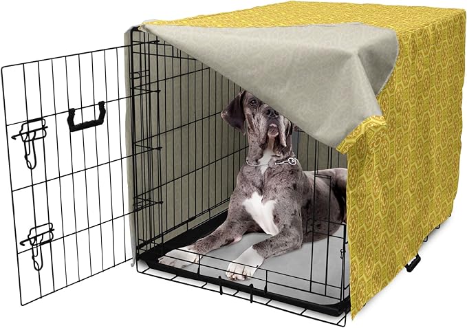 Lunarable Mustard Dog Crate Cover, Exotic Ornate Style Baroque Inspired Tiles Portuguese Culture Design Print, Easy to Use Pet Kennel Cover for Medium Large Dogs, 48 Inch, Earth Yellow