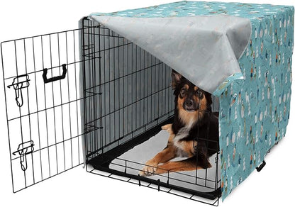 Lunarable Christmas Dog Crate Cover, Winter Games Theme Pattern with Snowman Trees Snowboard Reindeer and Adults, Easy to Use Pet Kennel Cover for Medium Large Dogs, 36 Inch, Multicolor