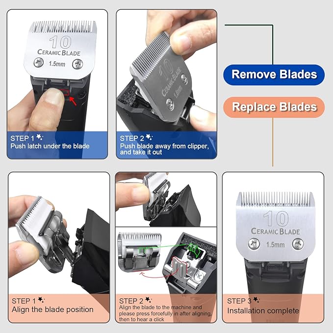 10 Pack Detachable Pet Dog Clipper Blades, Compatible with Andis Size 30 Cut Length 1/50"(0.5mm),Most Oster A5,Wahl KM10 Series Clippers,Made of Ceramic Blade & Stainless Steel Blade