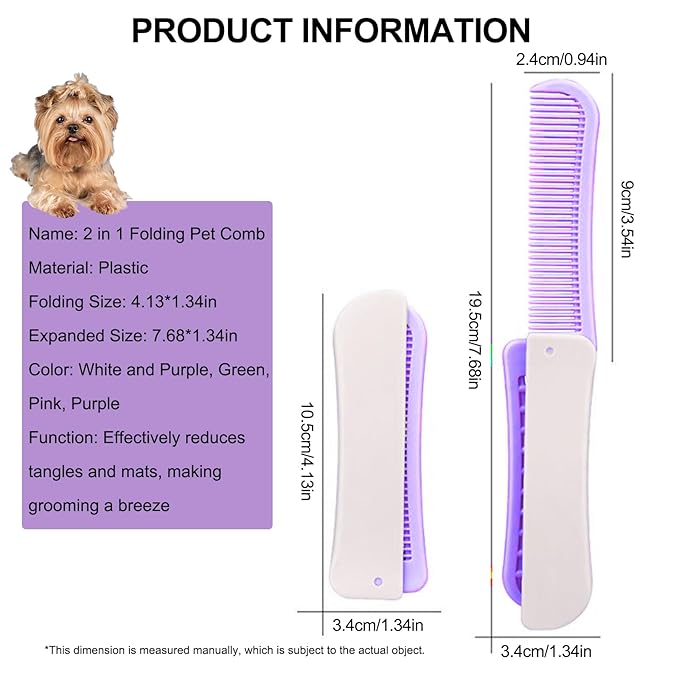 Foldable Dual-Head Puppy Brush, Small Dogs Interchangeable Combs Soft Bristles Portable Grooming Tool, Fit for Yorkie Shih Tzu Maltipoo Maltese (White and Purple)