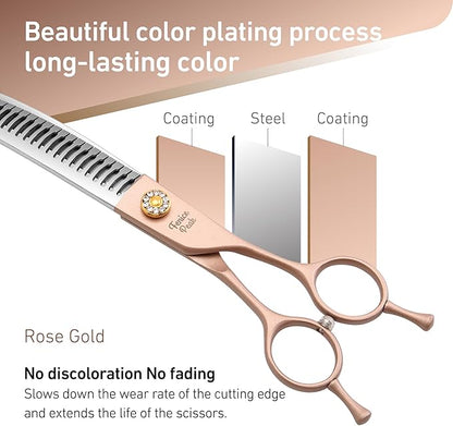 Fenice Peak Professional Curved Chunker Dog Grooming Scissors 7.0'' Rose Gold Thinning Shears Extremely Sharp Blades 440C Stainless Steel Thinning Shears Durable Smooth Fine Cut for Dogs and Cats.