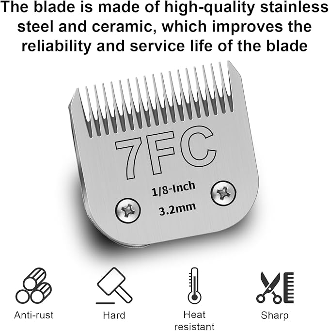 7FC Detachable Pet Clipper Replacement Blades Compatible with Andis/Oster A5/Wahl KM10 Series Dog Clipper,Made of Ceramic Blade & Stainless Steel Blade,Size 7FC Cut Length 1/8-Inch（2 Pack）