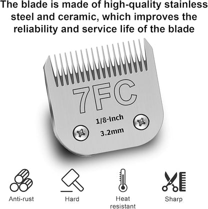 7FC Detachable Pet Clipper Replacement Blades Compatible with Andis/Oster A5/Wahl KM10 Series Dog Clipper,Made of Ceramic Blade & Stainless Steel Blade,Size 7FC Cut Length 1/8-Inch（2 Pack）
