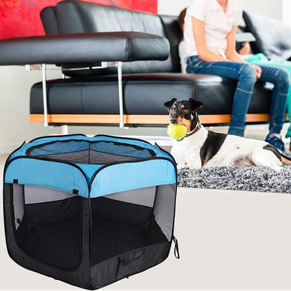 Portable Dog Playpen Cat Tent,Pop Up Playpen for Small Middle Dogs Cats Pet Tent Playground, Indoor Outdoor,47x47x30,Blue/Black,1Pack