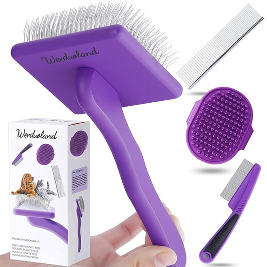 Ergonomic Slicker Brush for Long-Haired Cats - Wooden Handle, Long Pins for Grooming Loose Hair (Purple)