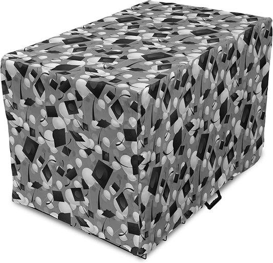 Lunarable Graduation Dog Crate Cover, Clutter of Mortarboard and Balloons in Greyscale Tones, Easy to Use Pet Kennel Cover for Cats & Medium Dogs, 24 Inch, Charcoal Grey Dimgray