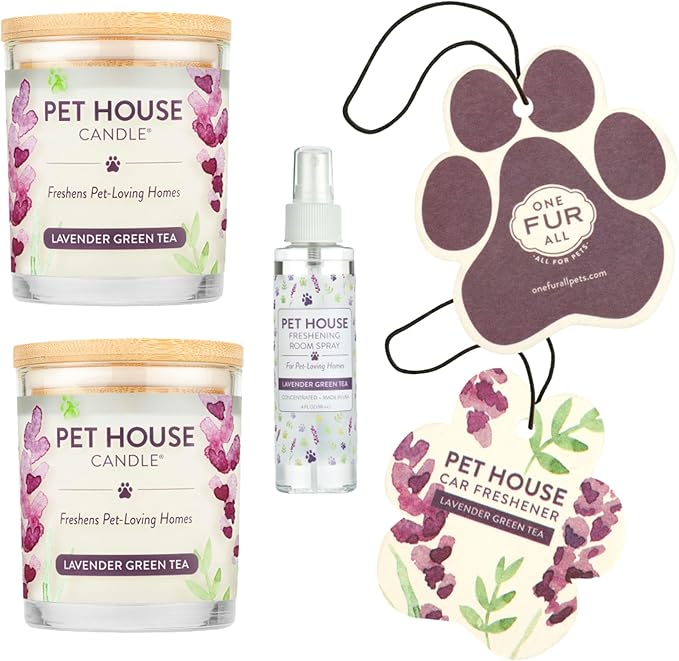 One Fur All Value Pack, Pet Friendly Candles, Room Spray and Car Air Freshener, Long Lasting Plant-Based Pet Odor Candles for Home - Lavender Green Tea