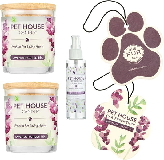 One Fur All Value Pack, Pet Friendly Candles, Room Spray and Car Air Freshener, Long Lasting Plant-Based Pet Odor Candles for Home - Lavender Green Tea