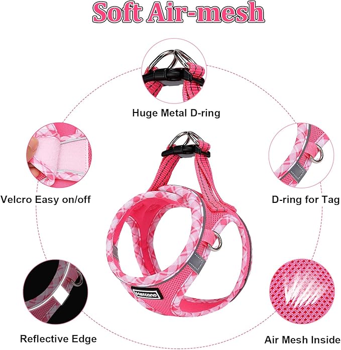 Mercano Soft Mesh Dog Harness and Leash Set, No-Chock Step-in Reflective Breathable Lightweight Easy Walk Vest Harnesses with Safety Buckle for Small Medium Dogs, Cats (M, Fuchsia)