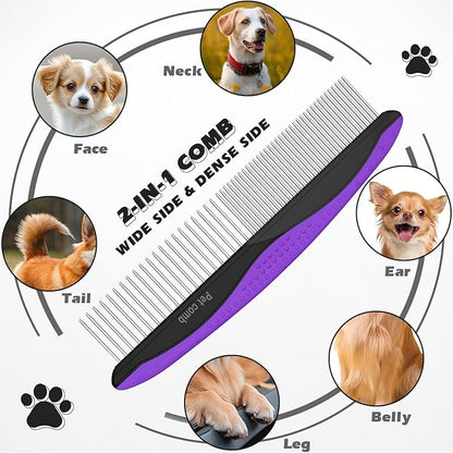 3PCS Dog Grooming Kit I Dog Brush for Shedding I Deshedding Dog Brush I Metal Dog Comb I Dog Bath Brush I Undercoat Rake for Dogs and Cats I Premium Pet Supplies (Purple Black)