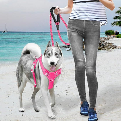 BARKBAY No Pull Dog Harness Large Reflective Dog Harness with Front Clip and Easy Control Handle for Walking Training Running with ID tag Pocket(Pink,XL)