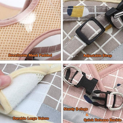 FEimaX Soft Mesh Dog Harness and Leash Set for Walking, No Pull Adjustable Reflective Puppy Step-in Vest Harness for Puppy Small Medium Dogs & Cats (L (Chest 16.1-18.1''/41-46CM), Plaid Khaki)
