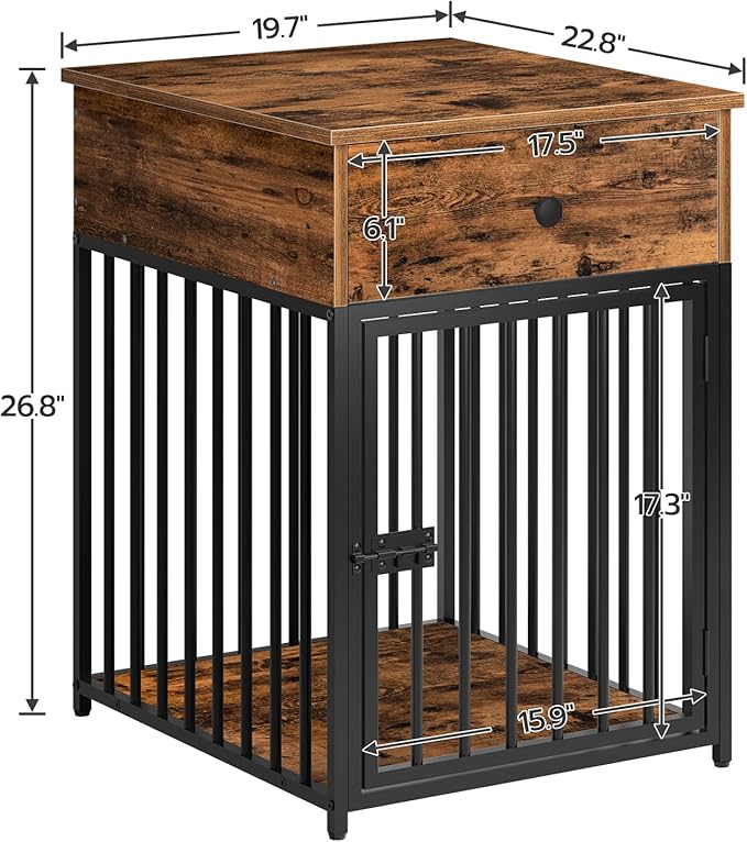 HOOBRO Dog Crate Furniture, Wooden Dog House, Decorative Dog Kennel with Drawer, Indoor Pet Crate End Table for Small Dog, Steel-Tube Puppy Cage, Chew-Proof, Rustic Brown and Black BF01GW03