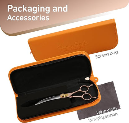 Fenice Peak 45° Extra Curved Dog Grooming Scissors 440C Stainless Steel 7.5'' Big Arc Curved Shears Rose Gold Sharp and Durable Trimming Scissors for Dogs and Cats