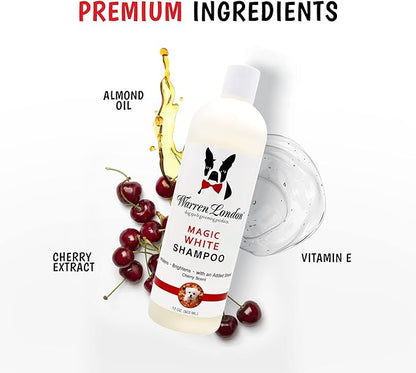 Warren London Magic White Dog Shampoo | Whitening Shampoo for White Dogs & Lighter Dog Coats | Puppy and Cat Safe Grooming Supplies | Cherry Scent | Made in USA | 17oz