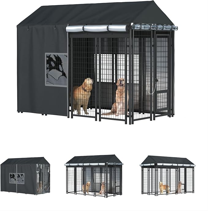 Outdoor Dog Kennel Cover - Full Coverage for 8'Dx4'Wx6'H Dog Cages, 600D Heavy Duty Waterproof Kennel Cover, Black
