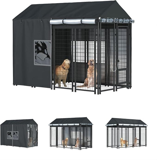 Outdoor Dog Kennel Cover - Full Coverage for 8'Dx4'Wx6'H Dog Cages, 600D Heavy Duty Waterproof Kennel Cover, Black
