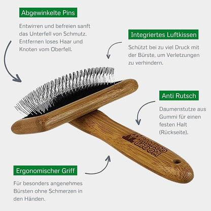 alcott Bamboo Groom Slicker Brush with Stainless Steel Pins for Pets, Medium,Brown