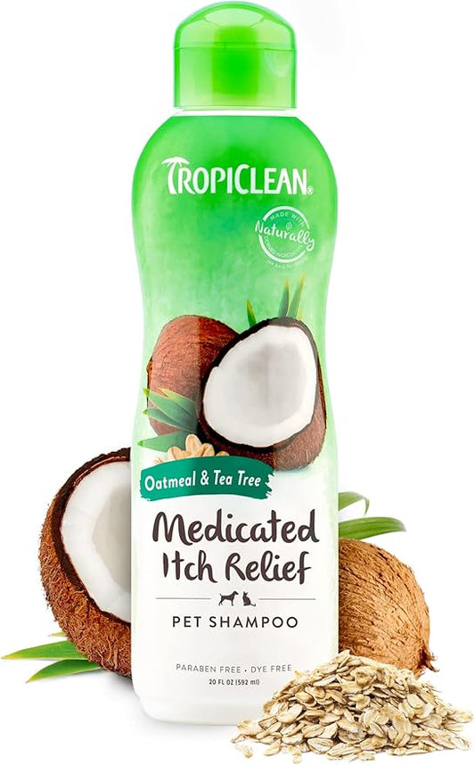 TropiClean Oatmeal Dog Shampoo for Itchy Skin Relief, Soothing Medicated Itch Relief, with Vitamin E, Puppy Safe, Made in USA, Cat Friendly, 20 oz.