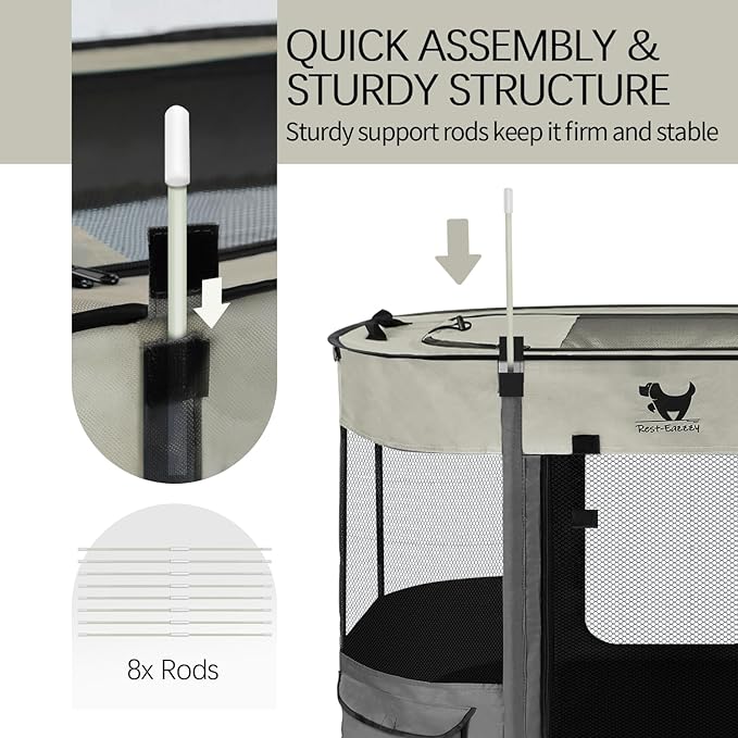 Rest-Eazzzy Dog Playpen, Foldable Kitten Playpen for Medium Dogs, Portable Pet Puppy Playpen with Removable Shade Cover, Indoor Outdoor Travel Camping Use for Small Pets with Carrying Case (L, Grey)