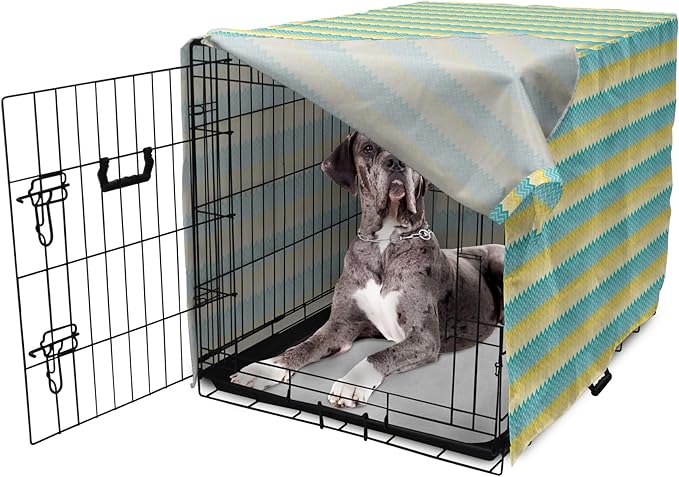 Lunarable Yellow and Blue Dog Crate Cover, Horizontal Chevron Motifs Zigzag Lines Pattern Ombre Inspired Design, Easy to Use Pet Kennel Cover for Medium Large Dogs, 48 Inch, Aqua Mustard