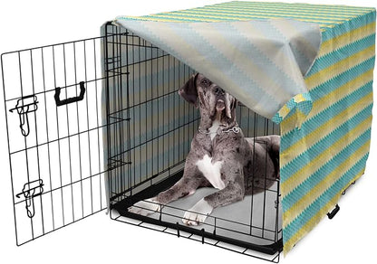 Lunarable Yellow and Blue Dog Crate Cover, Horizontal Chevron Motifs Zigzag Lines Pattern Ombre Inspired Design, Easy to Use Pet Kennel Cover for Medium Large Dogs, 48 Inch, Aqua Mustard