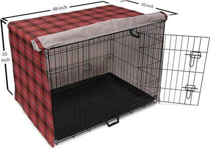 Lunarable Buffalo Plaid Dog Crate Cover, Arrangement with Lumberjack Themes Geometric Concept Pattern Print, Easy to Use Pet Kennel Cover for Medium Large Dogs, 48 Inch, Vermilion and Grey