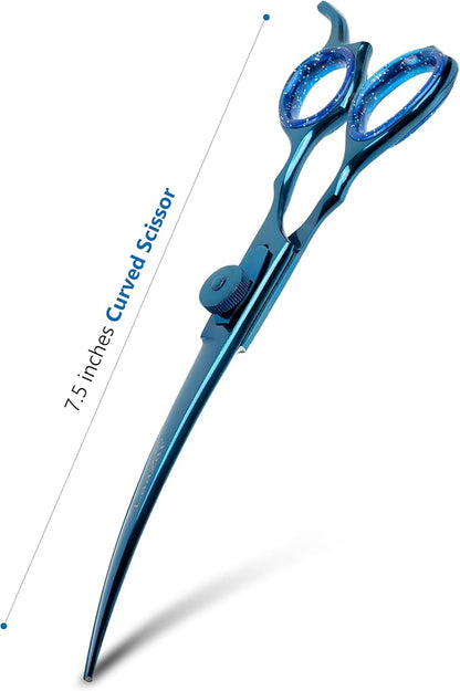 Laazar Dog Grooming Scissors - 7.5 Inch Curved Grooming Scissors for Dogs, 440C Stainless Steel Pet Grooming Scissors with Finger Rest & Case, Dog Shears for Grooming, Cat Grooming Supplies