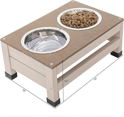 Outdoor Fir Wood Dog House,Elevated Feeding Table Dog Crate with 2 Bowls,Open Room Door Top Dog Kennel with Storage Box and Plastic Door Curtain,Rain and Wind Proof Cage,for Doggy,Pets,Cream