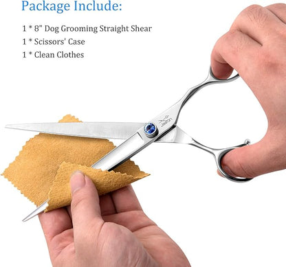 JASON 8" Straight Dog Grooming Scissors Long Pets Grooming Shears Premium Cats Trimming Kit with Offset Handle and a Jewelled Screw Sharp Comfortable