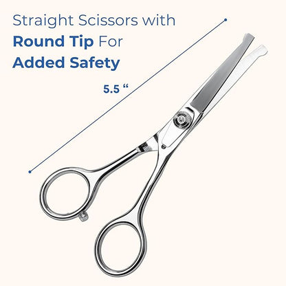 Pet Grooming Scissors Set With Round Tips For Dogs & Cats - Professional Grade Shears Safely Cut Through Dog or Cat Hair - Fur Trimming Made Easy - (Set of 2)