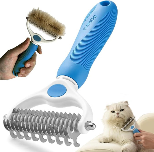 Pet Grooming Brush- Double Sided Dematting and Deshedding Undercoat Rake for Dogs and Cats- Safe Dog Shedding Brush, Blue1