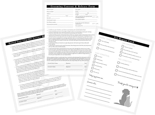 Pet Grooming Intake Forms, Consent & Release, Matted Coat Clip-Off Agreement, Pet Report Card | 50 pk, 25 of each, dbl sided | 8.5x11” Groomer Signature Client Grooming Tips Black and White Minimalist