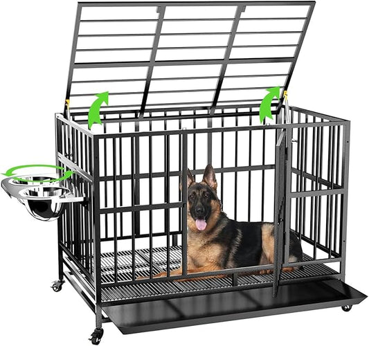 LOVMOR 48" Heavy-Duty Dog Crate with Wheels, Air-Lift Top, Dual 360° Adjustable Bowls – Ideal for Large Dogs