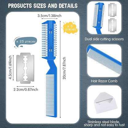 Yinkin 5 Pieces Razor Comb for Dogs Hair Grooming Trimmer for Pet Razor Comb with 25 Extra Blades Manual Dog Hair Trimmer Double Edge for Cats Hair Cutting Tool(Blue)