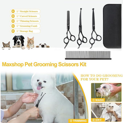 Dog Grooming Scissors, Maxshop Heavy Duty Titanium Pet Grooming Trimmer Kit, Professional Thinning Shears, Curved Scissors with Comb for Dogs and Cats (Black Set of 4)