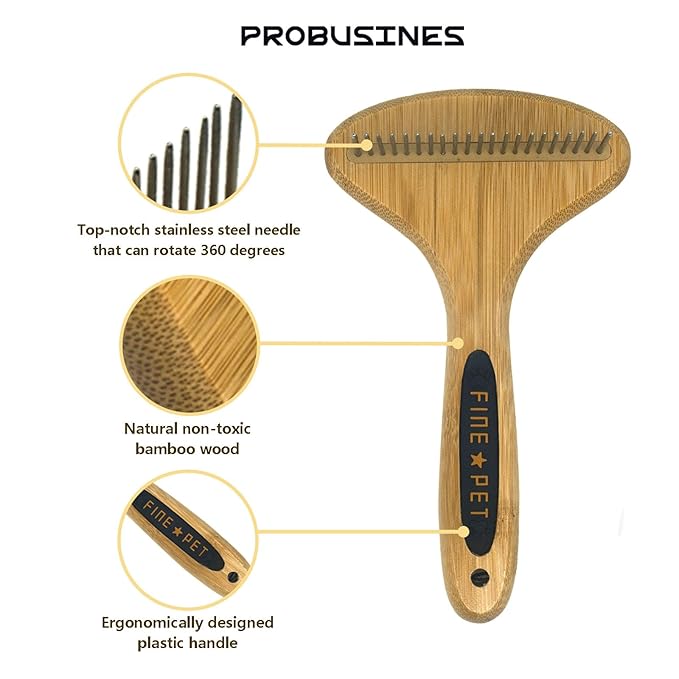 PROBUSINES-Bamboo Pet Brush, Dog Dehairing Rake - Knot Detangling For Dogs, Cats, Any Long-Haired Pet Breed - Undercoat Rake For Shedding And Gooming