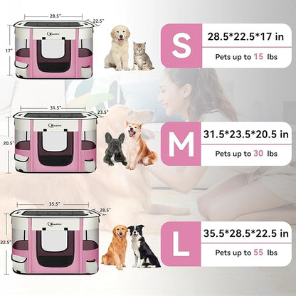 Dog Cat Playpen28/31/35in, Pet Puppy Portable Playpens for Outdoor Travel Crate, Indoor After Surgery Use, Foldable Dog Kennel Tent for Rabbit or Small Animals and Tent Stakes(Pink, Medium)