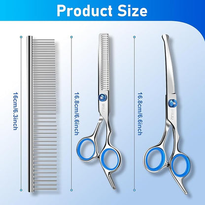 Professional 4 in 1 Dog Grooming Scissors Kit with Safety Round Tips, Sharp and Durable Pet Grooming Shears for Dogs and Cats.