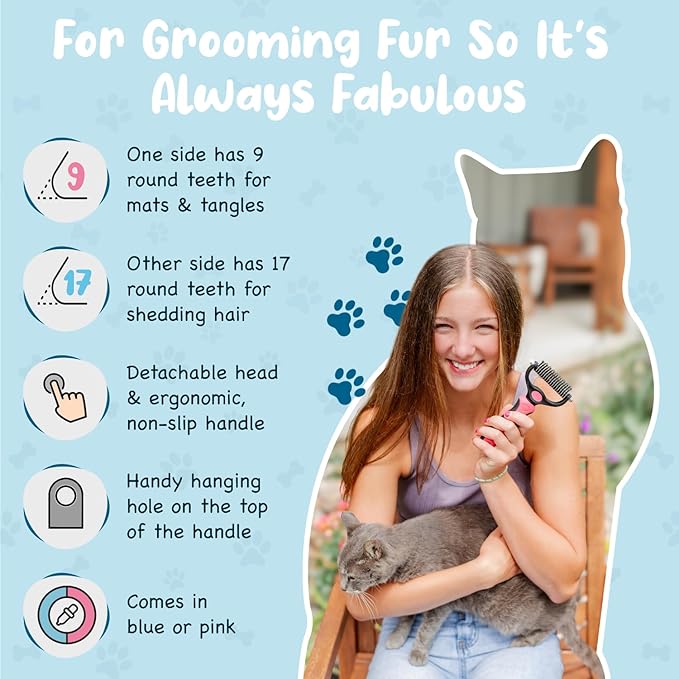 Sinko Undercoat Rake for Dogs & Cats, Dematting Comb with Extra Wide Double-Sided Stainless Teeth for Detangling, Deshedding, Brushing & Removing Shed Fur, Knots, Mats, and Tangles in Pets (Pink)