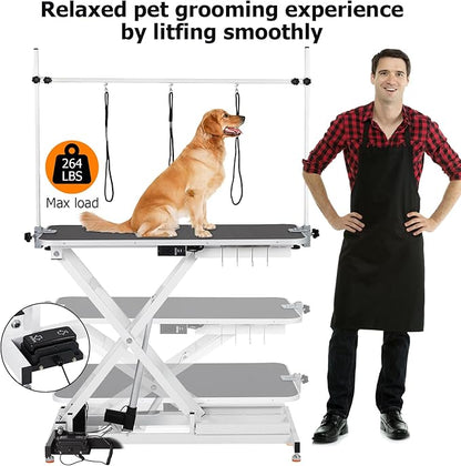 47” Electric Lift Dog Grooming Table (White), Heavy Duty Electric Grooming Arm Table for Pets & Large Dogs Adjustable Height: 9.4"-39.4" Non-slip Desktop with Gantry Crane Set, Fixture *4 Noose*2