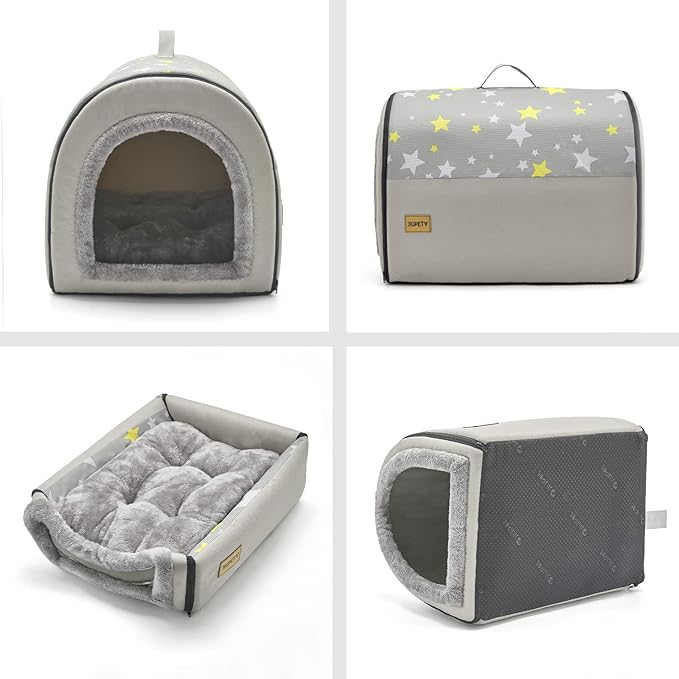 Jiupety Indoor Dog House, 2 in 1 Portable Foldable House Bed with Cover, Pet Tent & Cave Bed for Small Medium Dog, L(24"×18"×18"), Up to 20 Lb, Grey