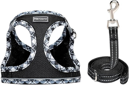 Mercano Soft Mesh Dog Harness and Leash Set, No-Chock Step-in Reflective Breathable Lightweight Easy Walk Escape Proof Vest Harnesses with Safety Buckle for Small Medium Dogs, Cats (Black White, XXS)