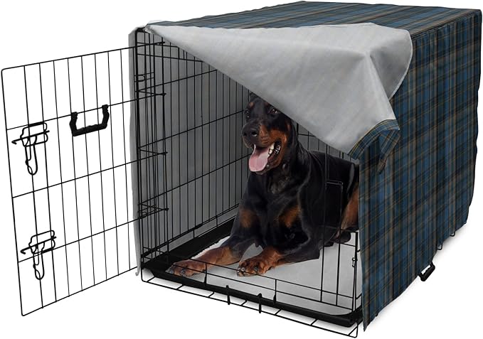 Lunarable Plaid Dog Crate Cover, Striped Geometric British Pattern Modern Design Elements in Patel Colors, Easy to Use Pet Kennel Cover for Medium Large Dogs, 42 Inch, Azure Blue and Marigold