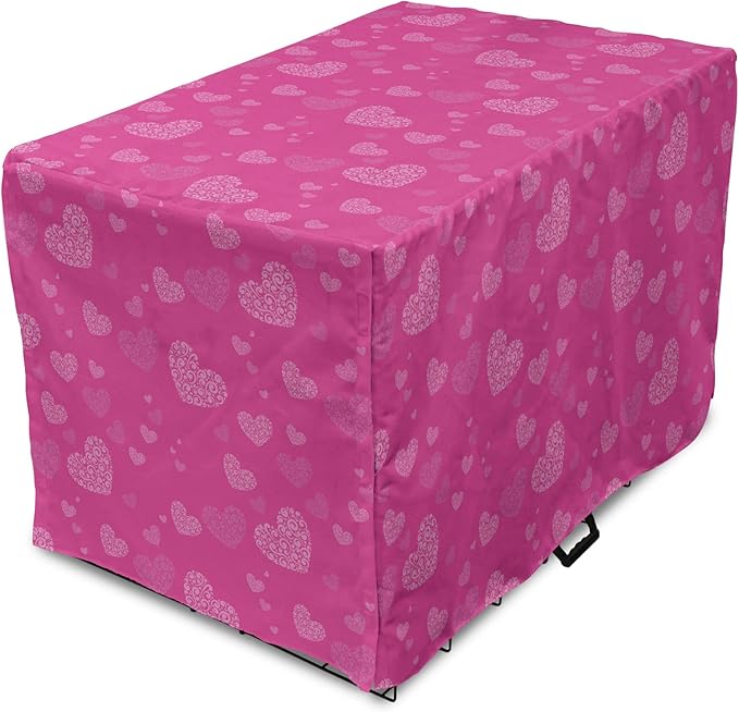 Lunarable Love Dog Crate Cover, Romantic Theme Abstract Heart Shapes Valentines Day 14th February Design, Easy to Use Pet Kennel Cover for Small Dogs Puppies Kittens, 22 Inch, Hot Pink