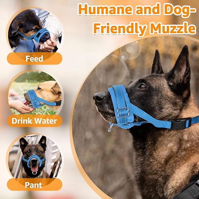 SlowTon Soft Dog Muzzle, Adjustable Padded Nylon Muzzle for Large Medium Dogs Anti Chewing Barking Biting, Allow Dog Pant & Drink (Blue, M)