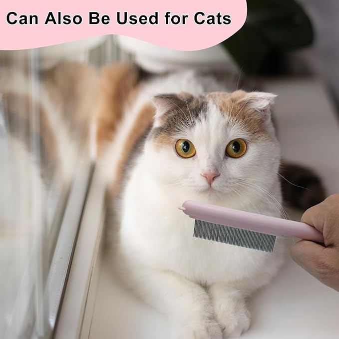 Cute Plastic Dog Comb with Stainless Steel Bristles and Furry Ears Design - Pet Grooming Tool for Removing Dirt and Tangles （Pink）