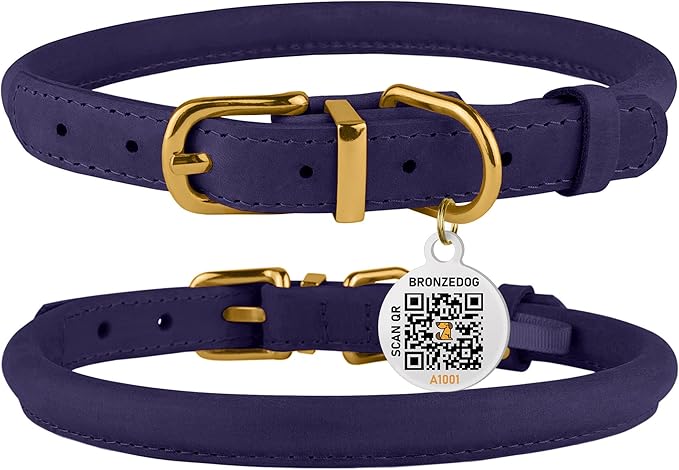 BRONZEDOG Rolled Leather Dog Collar with QR ID Tag Adjustable Soft Round Collars for Small Medium Large Dogs Puppy Cat (14" - 16" Neck Size, Violet)