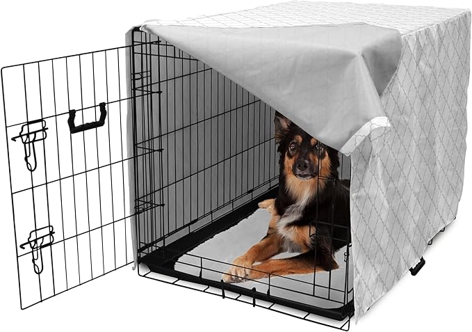 Lunarable Grey Dog Crate Cover, Moroccan Traditional Trellis Pattern Simple Geometric Monochrome Tile, Easy to Use Pet Kennel Cover for Cats & Medium Dogs, 30 Inch, White Grey